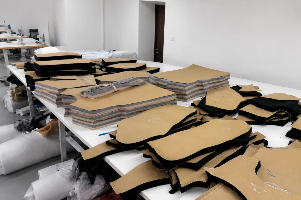 Precision fabric cutting table with stacked pattern panels and paper markers ready for garment assembly at Feel It Creation.