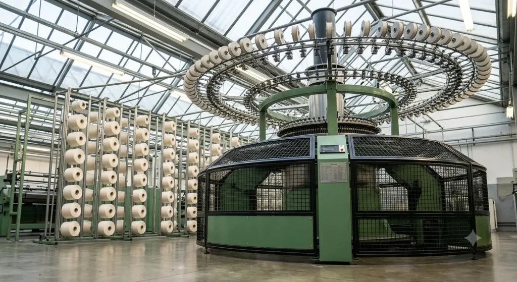 Knitted fabric manufacturing on circular knitting machines in a garment factory.