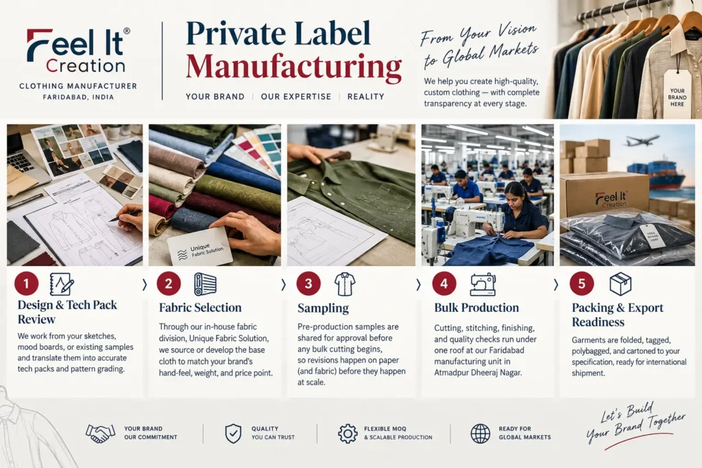 Private label clothing manufacturing process at Feel It Creation in Faridabad, India