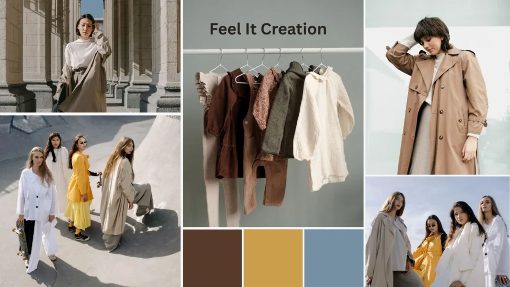 Feel It Creation modern fashion moodboard banner featuring earth tone apparel rack, autumn trench coats, and street style models