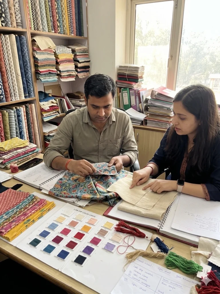 Textile developers at Feel It Creation in Faridabad, India comparing custom dyed yarn, pattern swatches, and lab-dip color cards