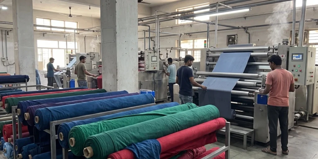 Fabric dyeing and finishing process at Feel It Creation manufacturing unit in India.