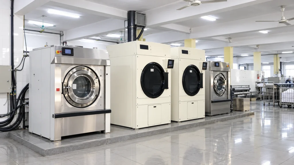 Industrial laundry machines for garment washing and textile processing